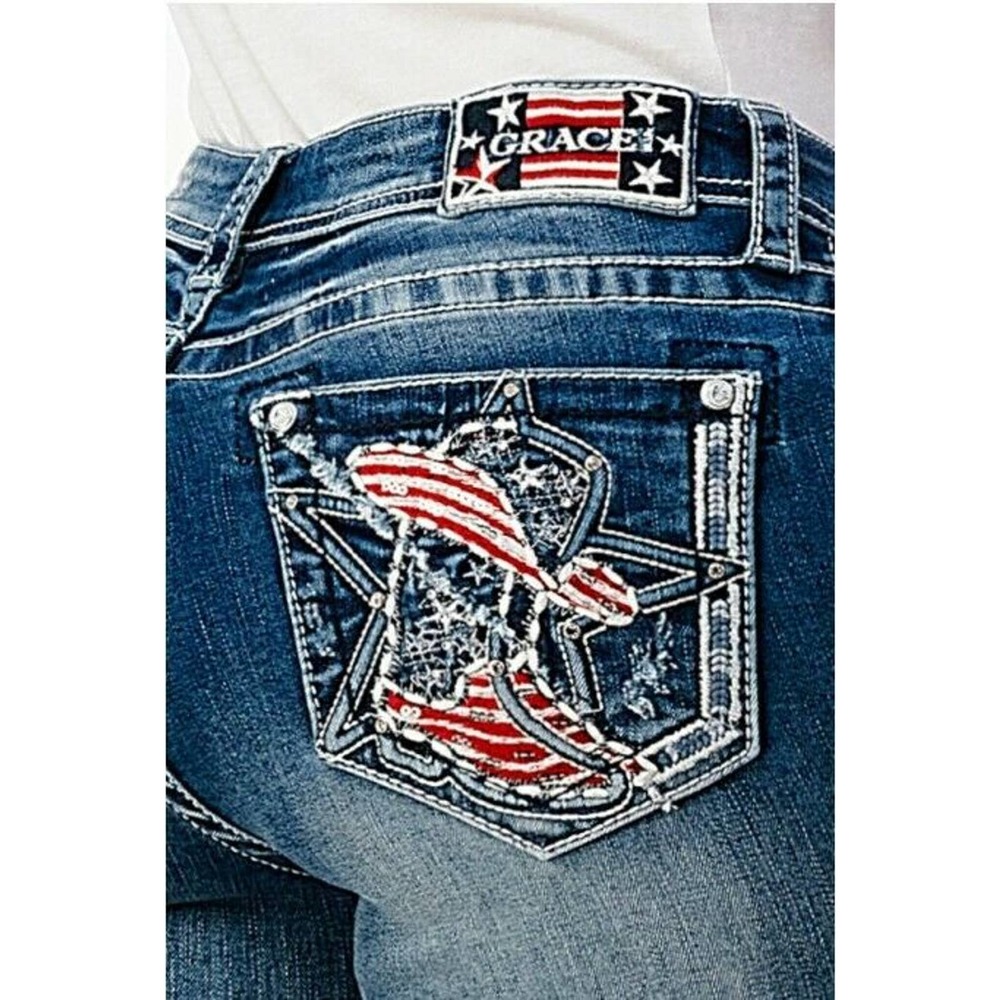 Grace in LA Women's Americana Boot Embroidered Skinny Fit Stretch Jeans